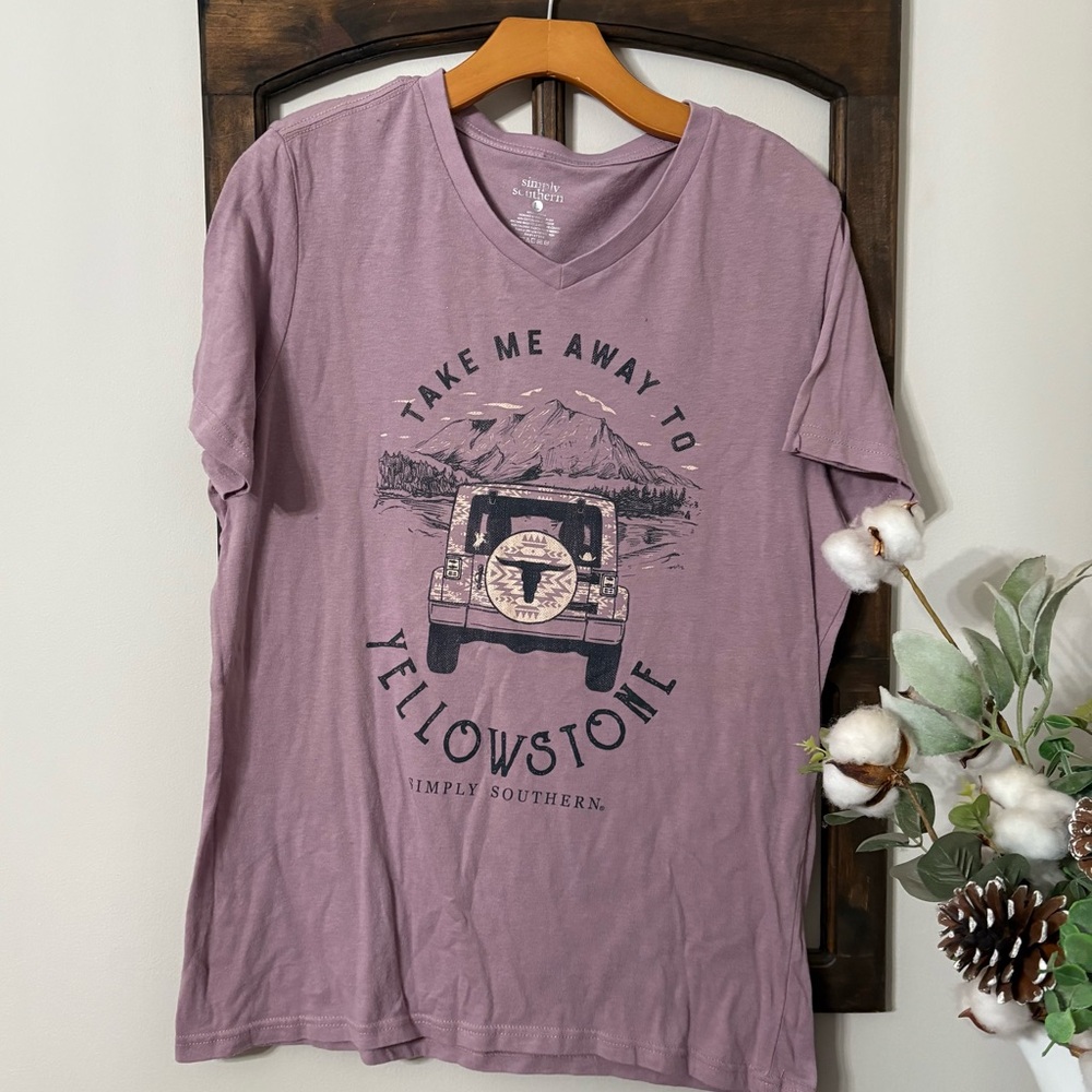 Simply Southern lavender Graphic V-neck Tee-Take Me Away Yellowstone sz L